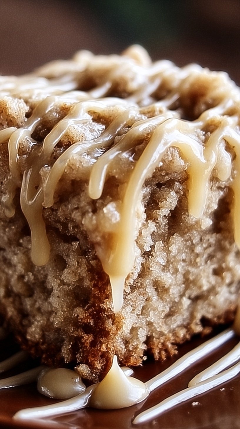 A slice of moist apple crumb cake with cinnamon drizzle and streusel topping on a white plate.