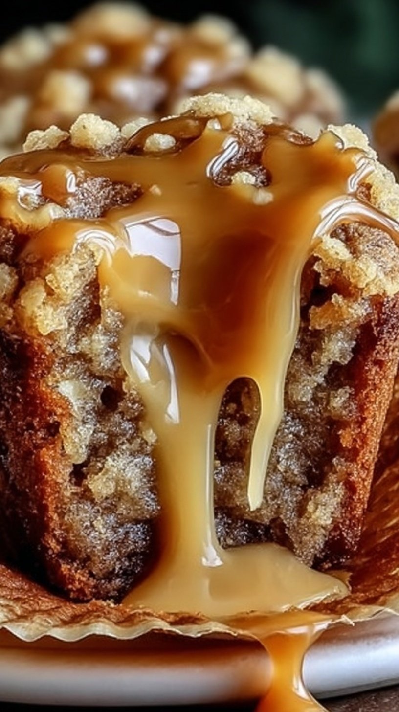 Golden brown caramel apple muffins with a caramel drizzle on a wire rack