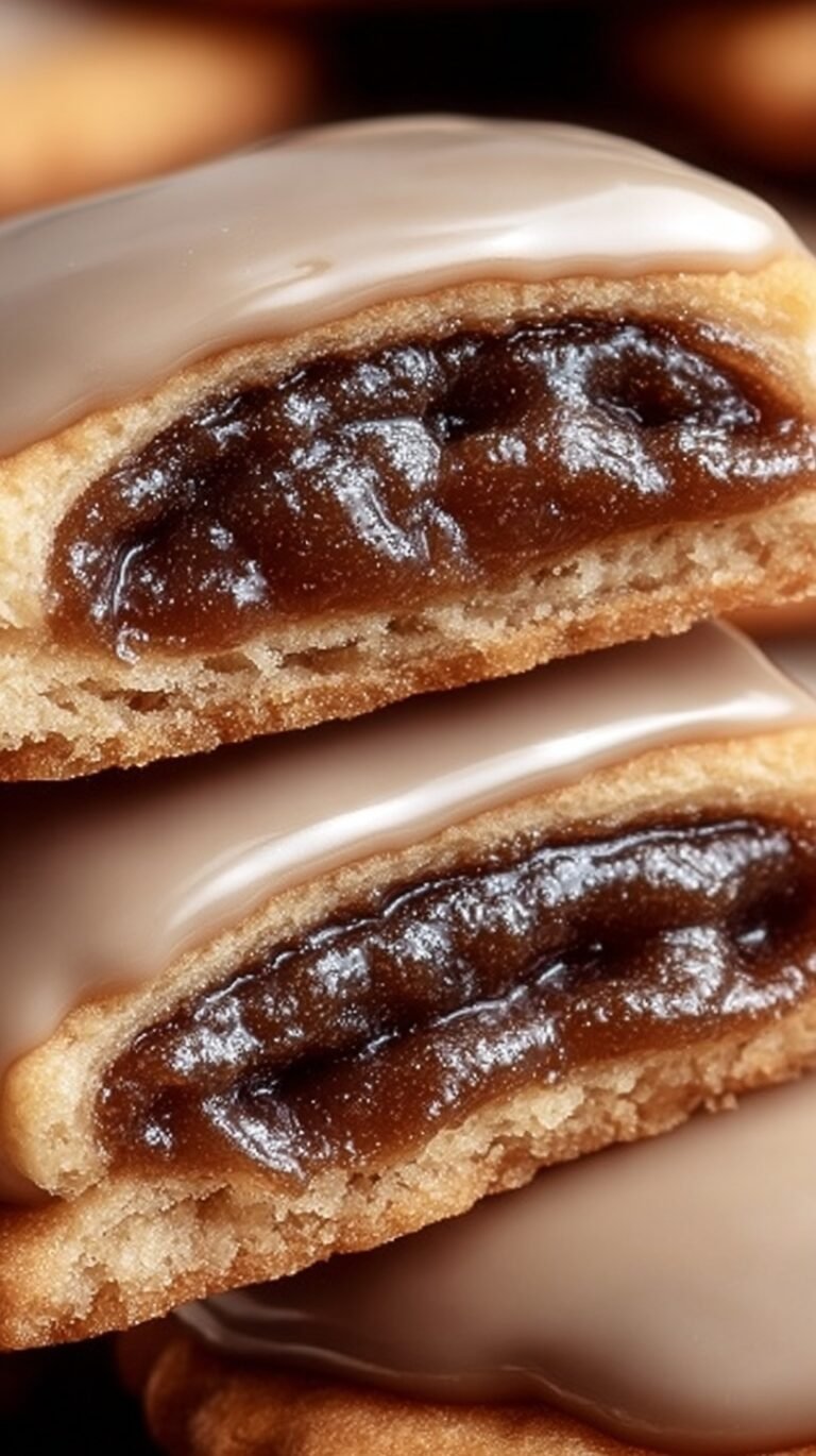A stack of golden brown sugar pop tart cookies with a maple glaze drizzle and cinnamon filling showing.