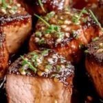 Sliced maple mustard pork tenderloin on a serving platter with fresh herbs.