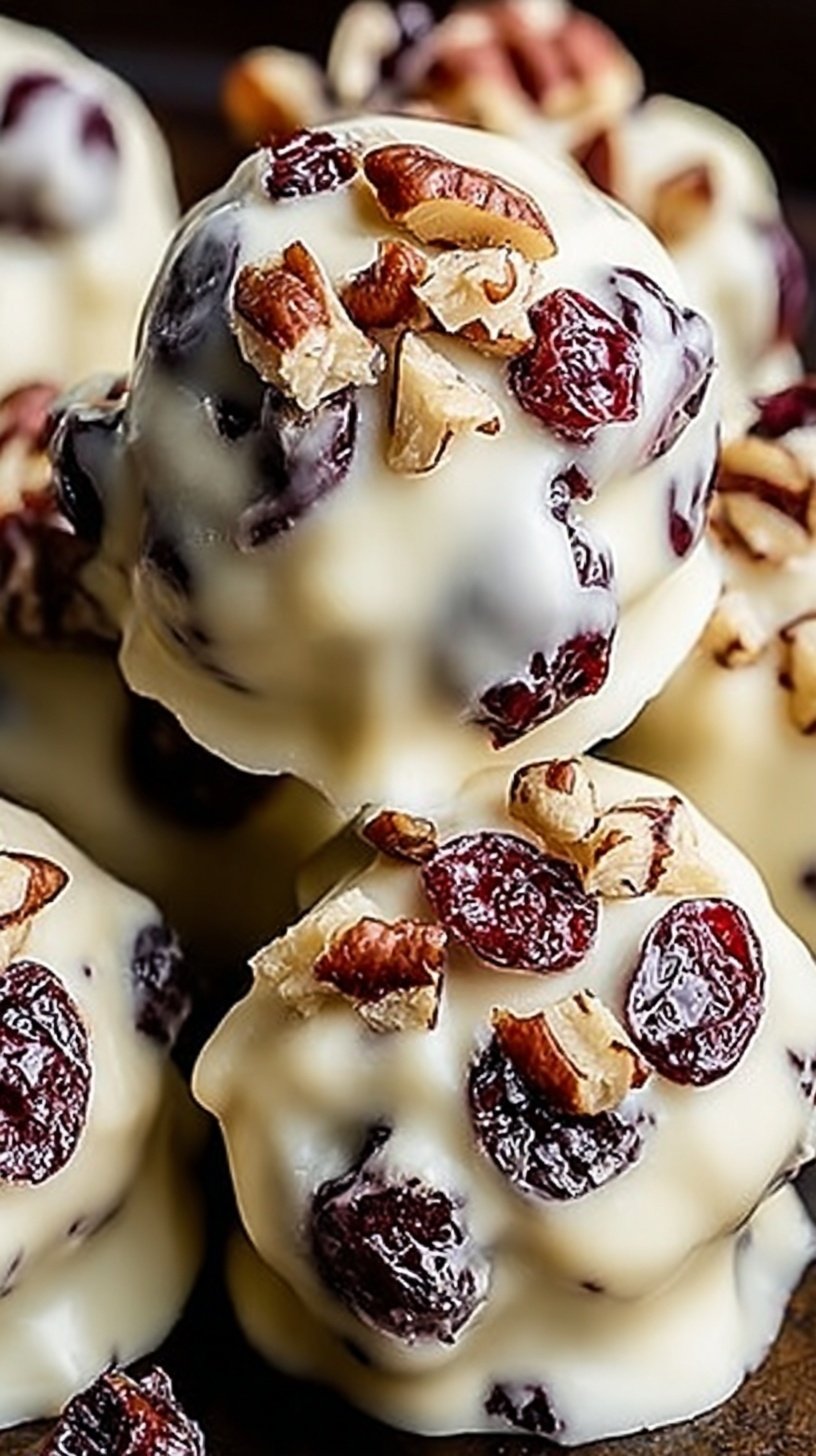 A pile of white chocolate clusters with pecans and red cranberries on parchment paper