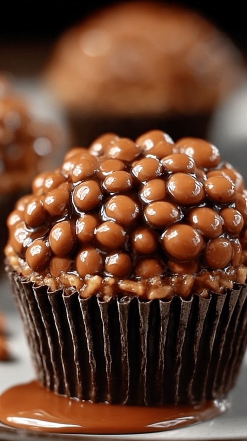 Chocolate Peanut Butter Rice Krispie Cups in a muffin tin with a glossy chocolate top.