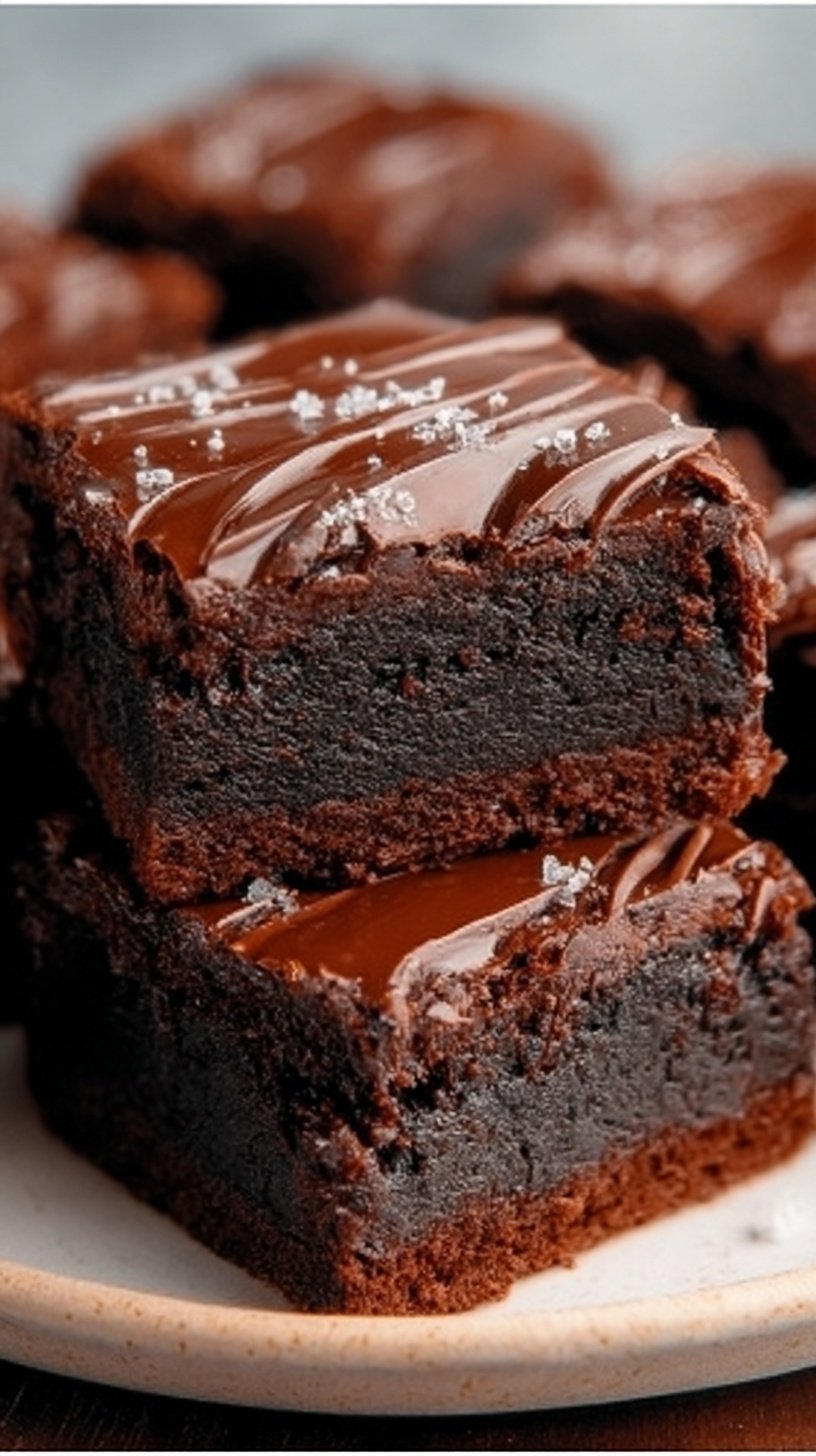 A stack of fudgy flourless brownies topped with melted chocolate chips on a wooden board.