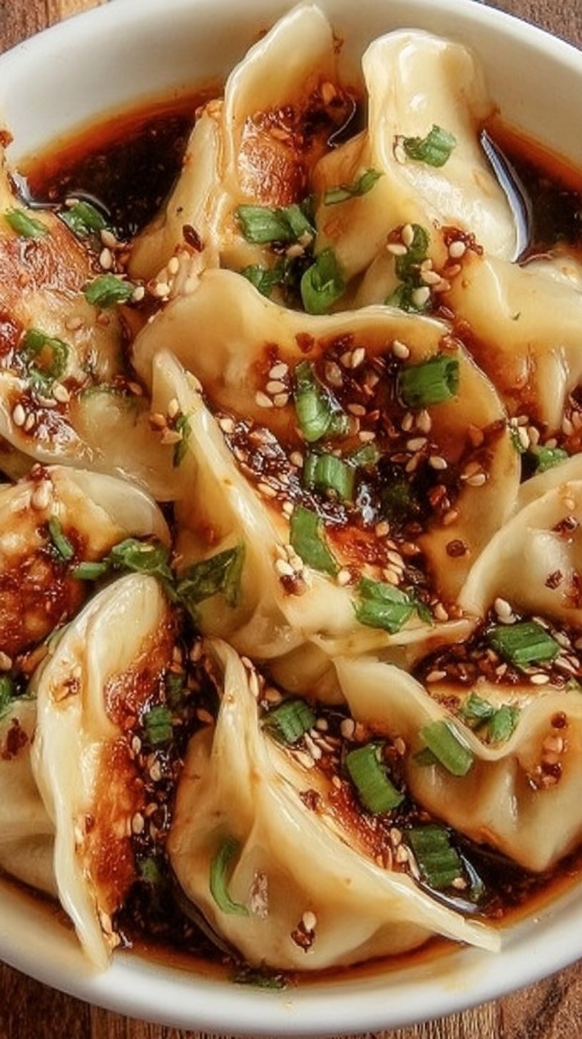 A small ceramic bowl filled with dark dumpling dipping sauce topped with green scallions and chili oil flakes.