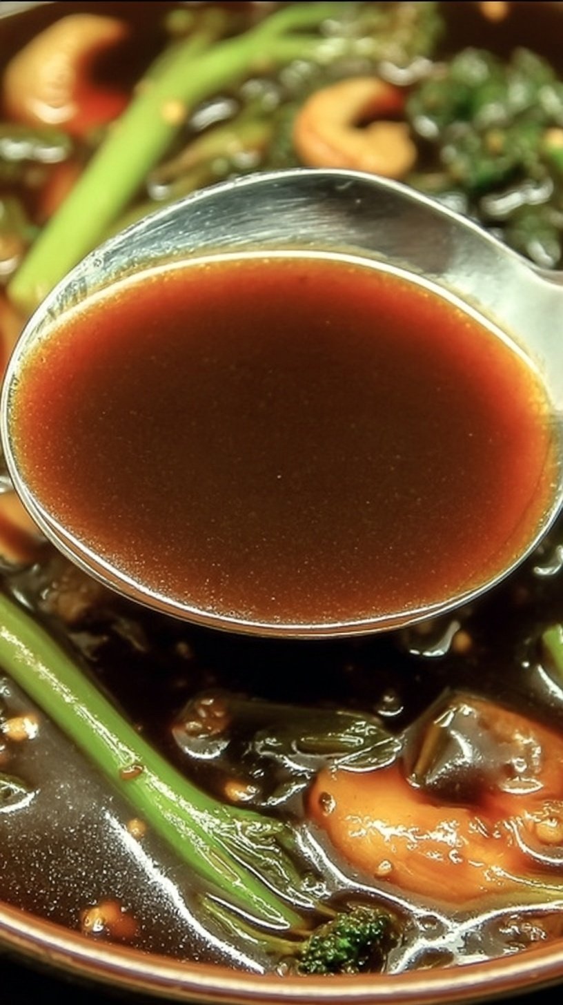A glossy brown garlic stir fry sauce in a small saucepan with fresh ginger and garlic nearby.
