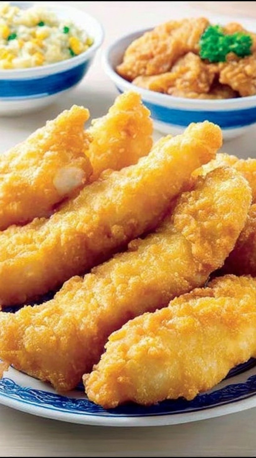 Golden brown fried fish fillets coated in a crispy, airy batter sitting on a wire rack.