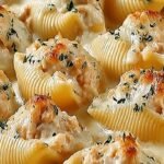 A baking dish filled with jumbo pasta shells stuffed with chicken and ricotta, covered in white alfredo sauce and melted mozzarella.
