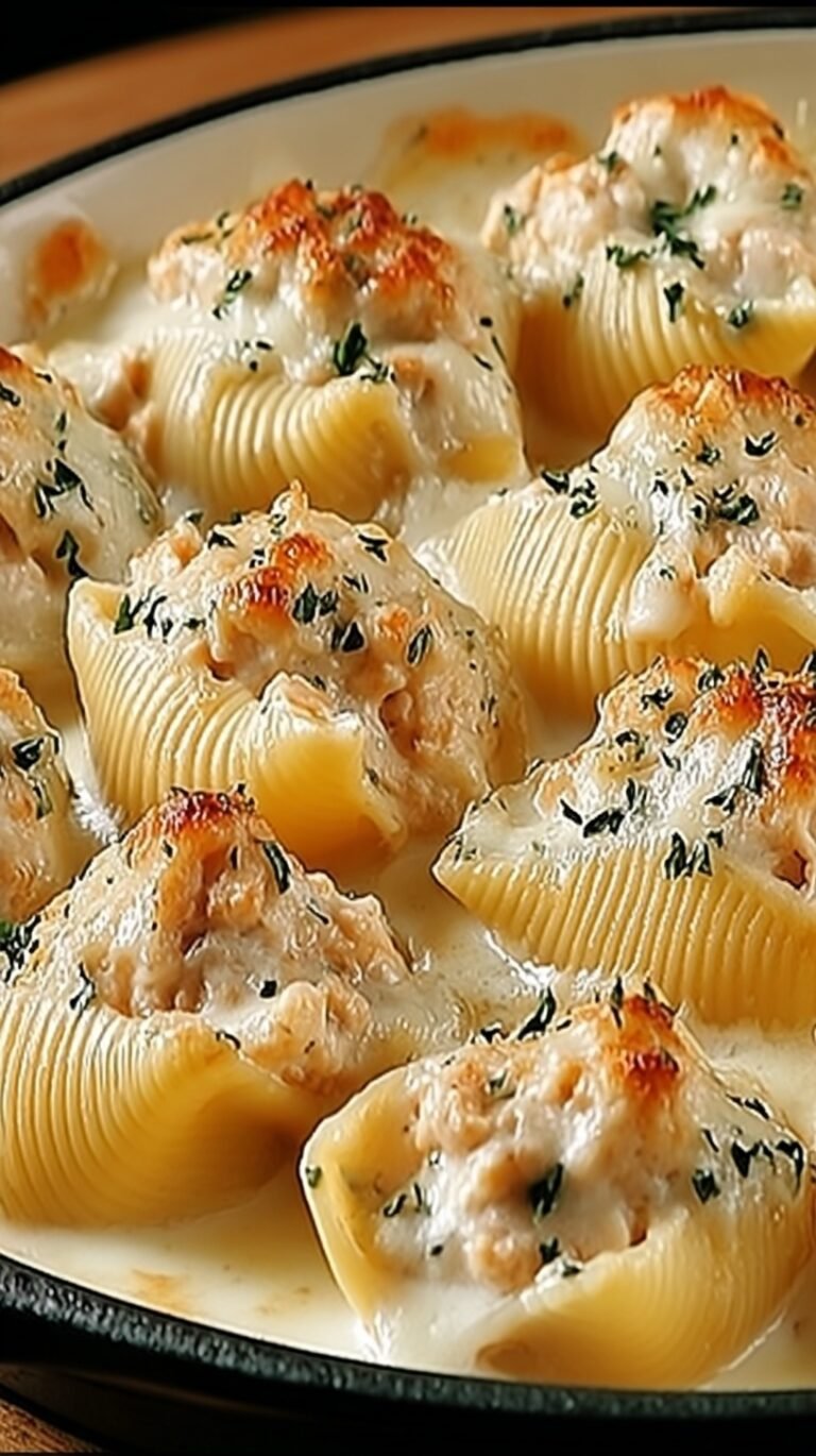 A baking dish filled with jumbo pasta shells stuffed with chicken and ricotta, covered in white alfredo sauce and melted mozzarella.