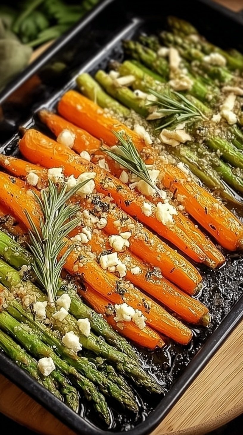 A tray of vibrant roasted asparagus spears and caramelized carrot sticks with lemon.