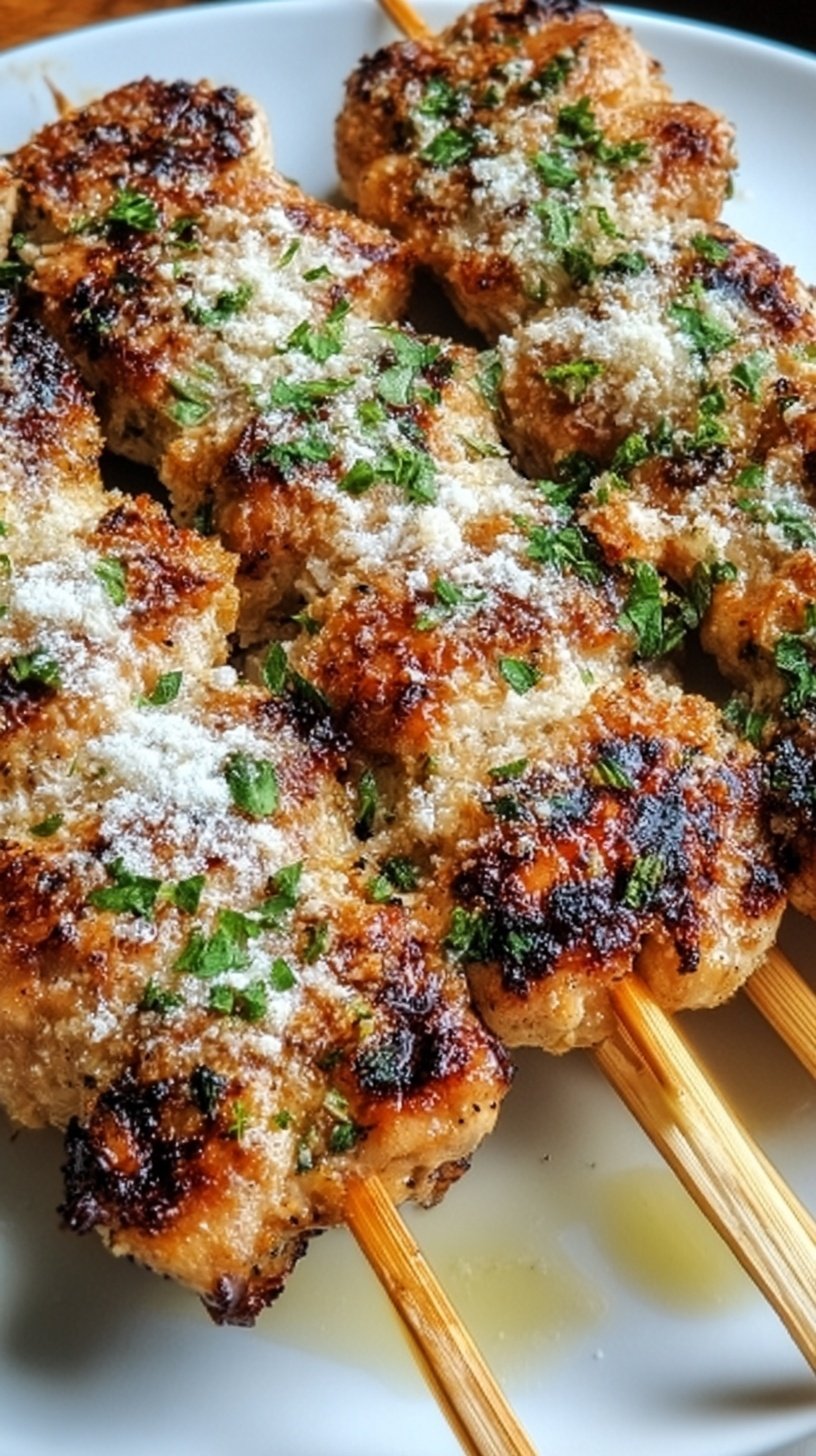 Juicy grilled chicken skewers coated in garlic, ranch seasoning, and parmesan cheese on a platter