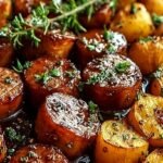 A sheet pan filled with roasted smoked sausage and cubed sweet potatoes coated in a glistening honey garlic sauce and garnished with parsley.