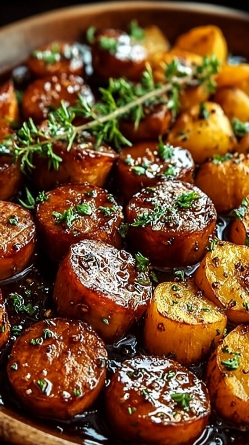 A sheet pan filled with roasted smoked sausage and cubed sweet potatoes coated in a glistening honey garlic sauce and garnished with parsley.