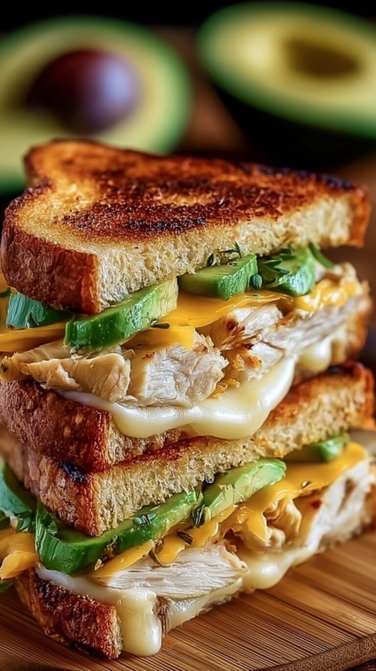 A golden-brown sourdough sandwich with melted cheese, sliced avocado, and chipotle chicken on a wooden board.