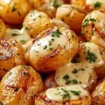 Tender halved baby potatoes covered in a thick white garlic cream sauce and topped with fresh parsley