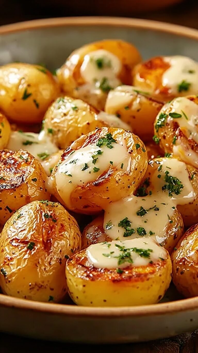 Tender halved baby potatoes covered in a thick white garlic cream sauce and topped with fresh parsley