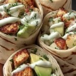 Golden brown toasted chicken avocado burritos sliced in half on a wooden board