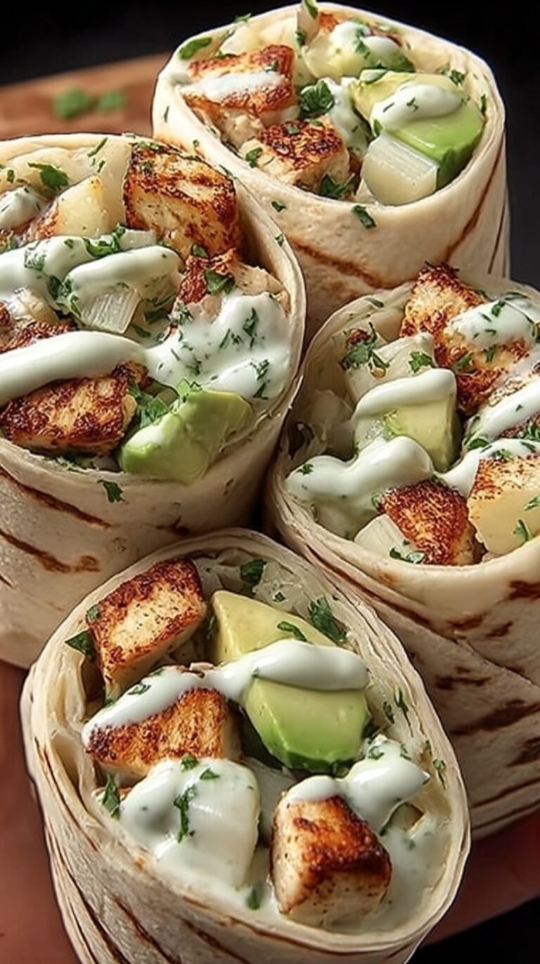 Golden brown toasted chicken avocado burritos sliced in half on a wooden board