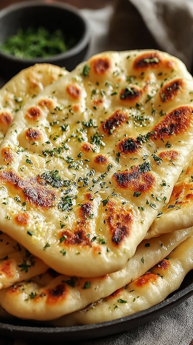 Golden brown garlic flatbread topped with herbs in an air fryer basket