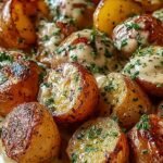 A skillet of golden seared baby potatoes coated in a white creamy garlic sauce and fresh parsley.