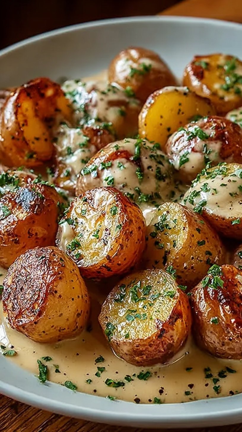 A skillet of golden seared baby potatoes coated in a white creamy garlic sauce and fresh parsley.