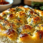 Freshly baked Airfryer Focaccia topped with rosemary and flaky sea salt in an air fryer basket