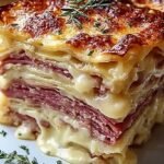 A golden brown savory Reuben bake casserole in a ceramic dish with melted Swiss cheese and rye bread cubes.
