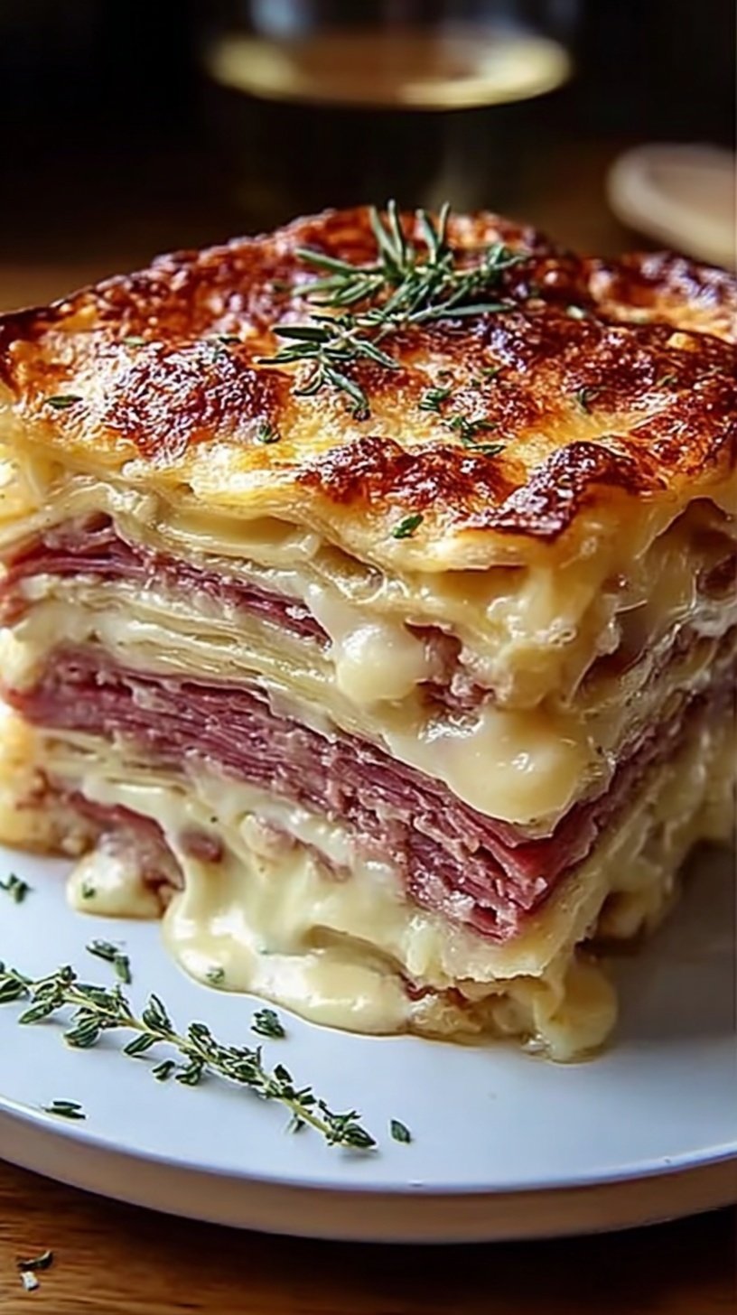 A golden brown savory Reuben bake casserole in a ceramic dish with melted Swiss cheese and rye bread cubes.