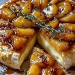A wheel of melted brie topped with sautéed cinnamon apples, walnuts, and fresh thyme on a wooden serving board.