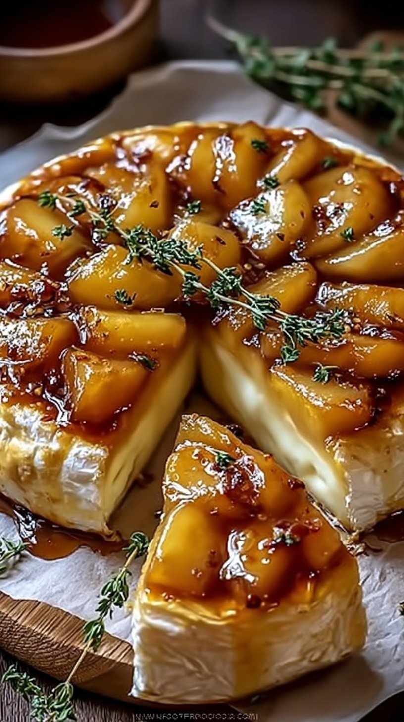 A wheel of melted brie topped with sautéed cinnamon apples, walnuts, and fresh thyme on a wooden serving board.