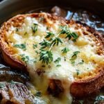 A bowl of French Onion Short Rib Soup topped with melted Gruyère cheese and toasted bread