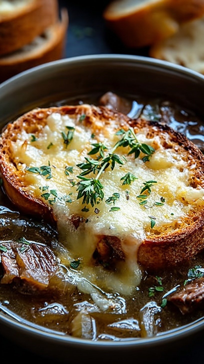 A bowl of French Onion Short Rib Soup topped with melted Gruyère cheese and toasted bread