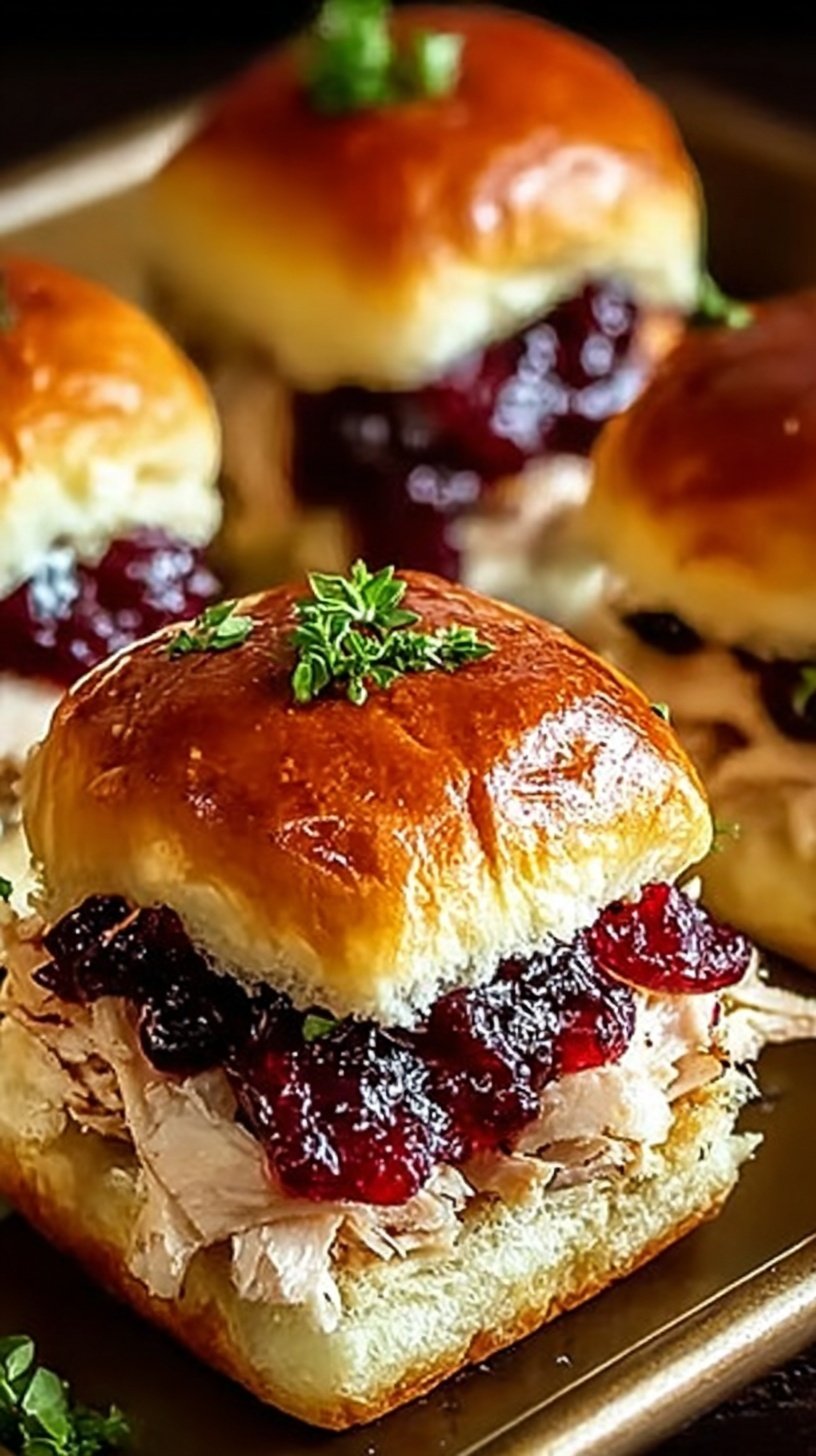 A tray of golden brown turkey sliders topped with poppy seeds and melted cheese.