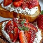 Four slices of sourdough toast topped with white whipped ricotta and red roasted strawberries with fresh mint leaves.