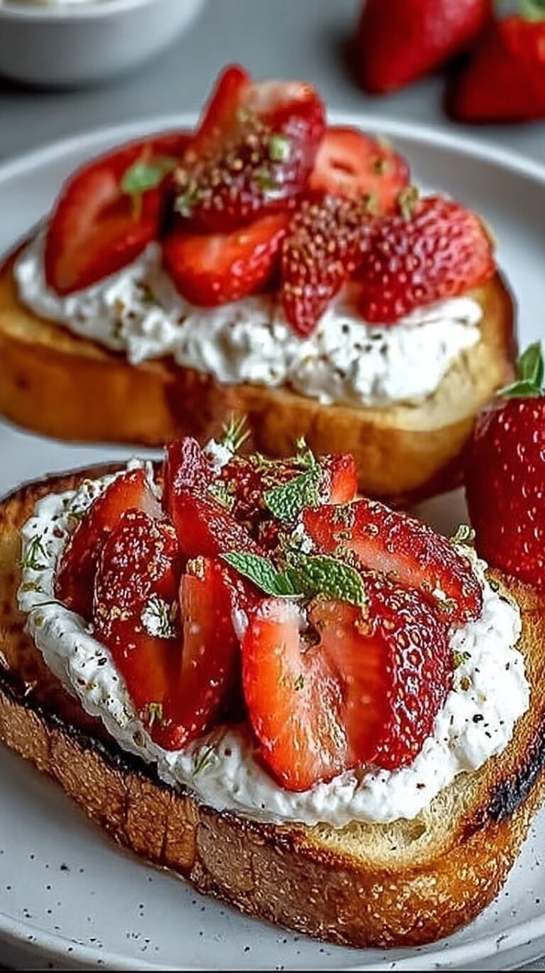 Four slices of sourdough toast topped with white whipped ricotta and red roasted strawberries with fresh mint leaves.
