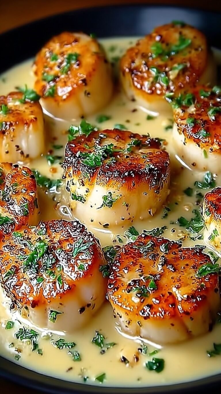 Pan-seared Cajun scallops in a white cream sauce with fresh parsley