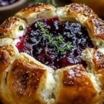 A golden sourdough bread bowl filled with melted brie cheese and topped with red cranberry sauce and fresh thyme leaves.
