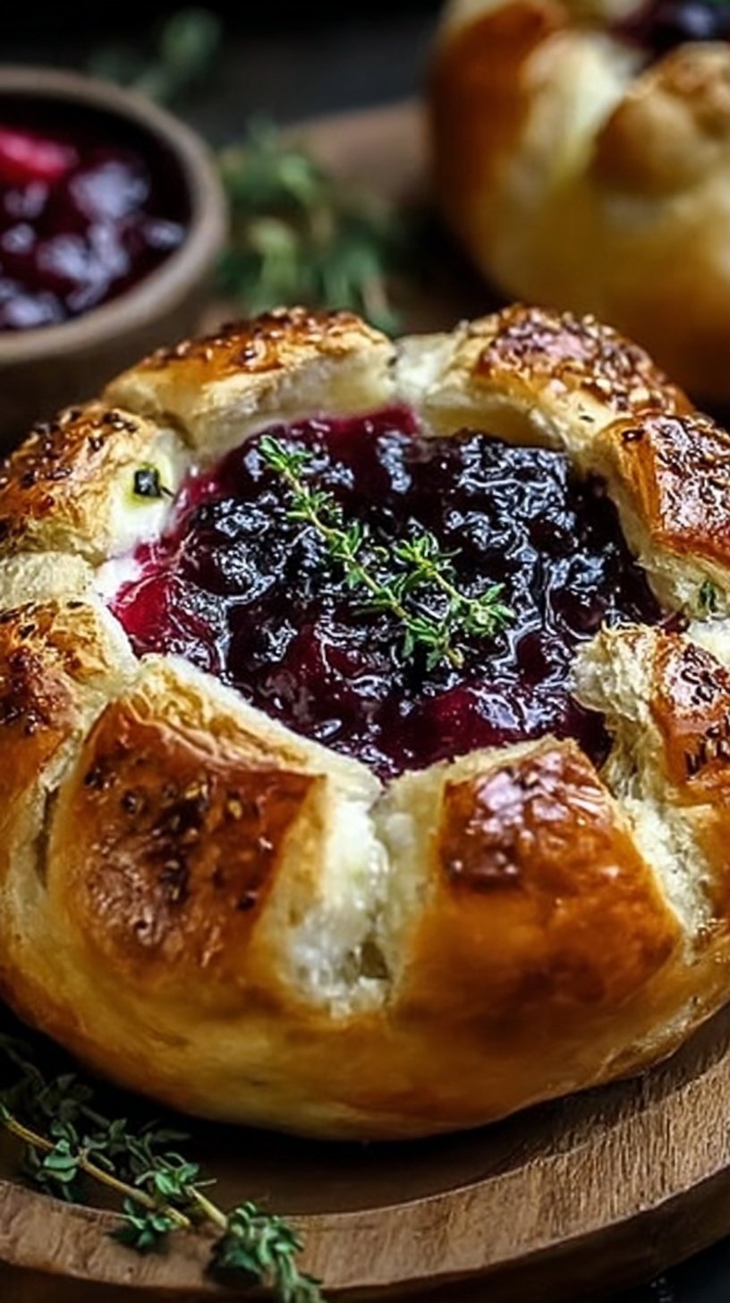 A golden sourdough bread bowl filled with melted brie cheese and topped with red cranberry sauce and fresh thyme leaves.