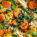 A steaming bowl of golden turmeric chicken soup with fresh spinach and cilantro