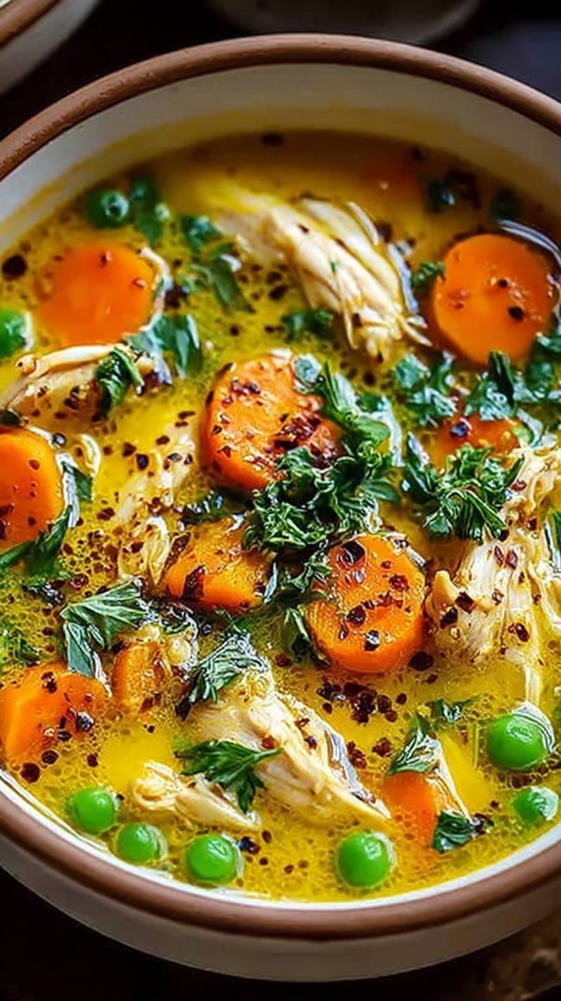 A steaming bowl of golden turmeric chicken soup with fresh spinach and cilantro