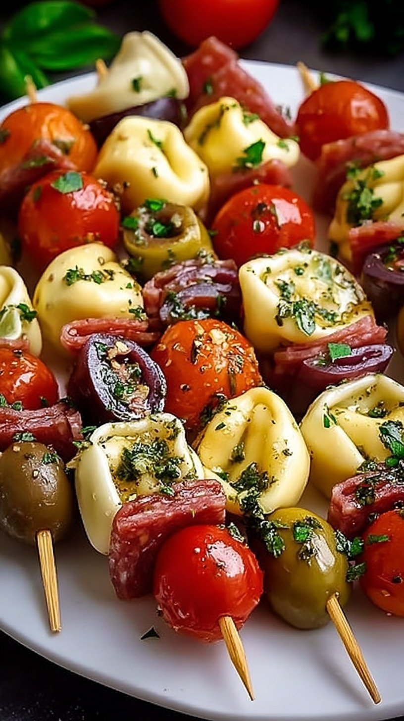 Platter of Italian antipasto skewers with tortellini, mozzarella, salami, and tomatoes