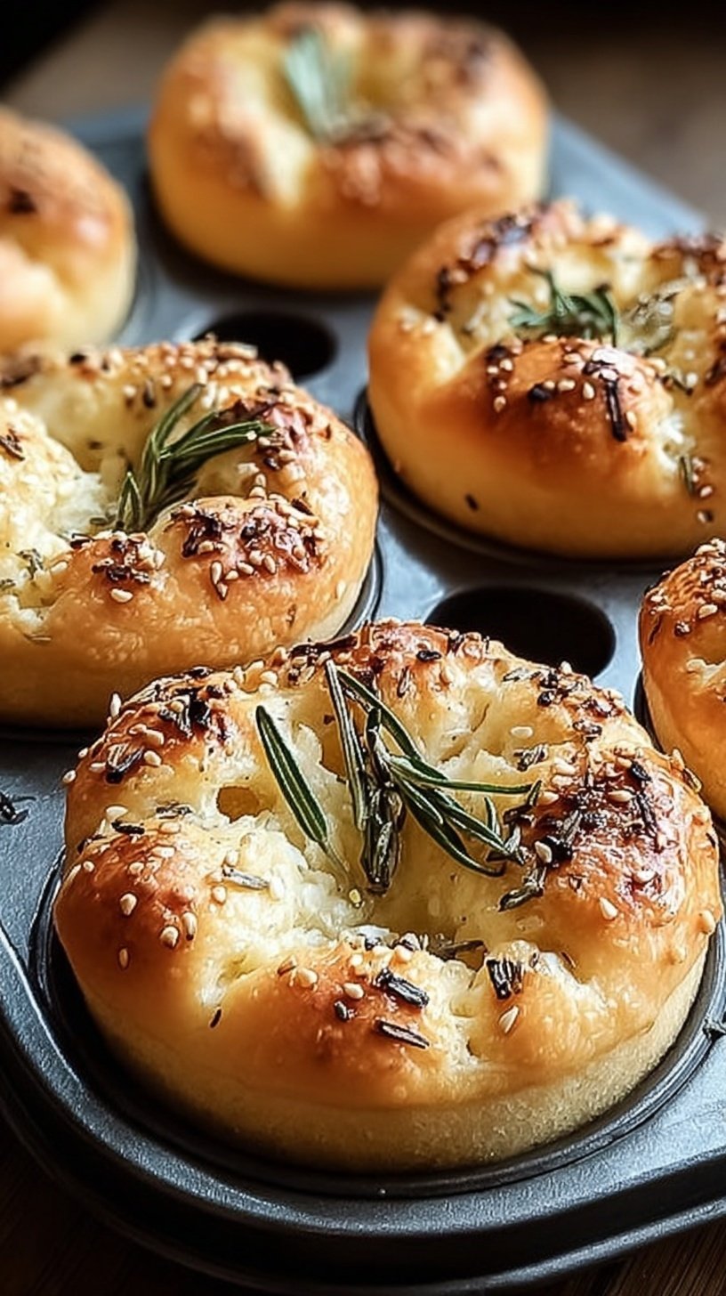 Golden brown individual focaccia muffins topped with fresh rosemary and sea salt in a muffin tin.
