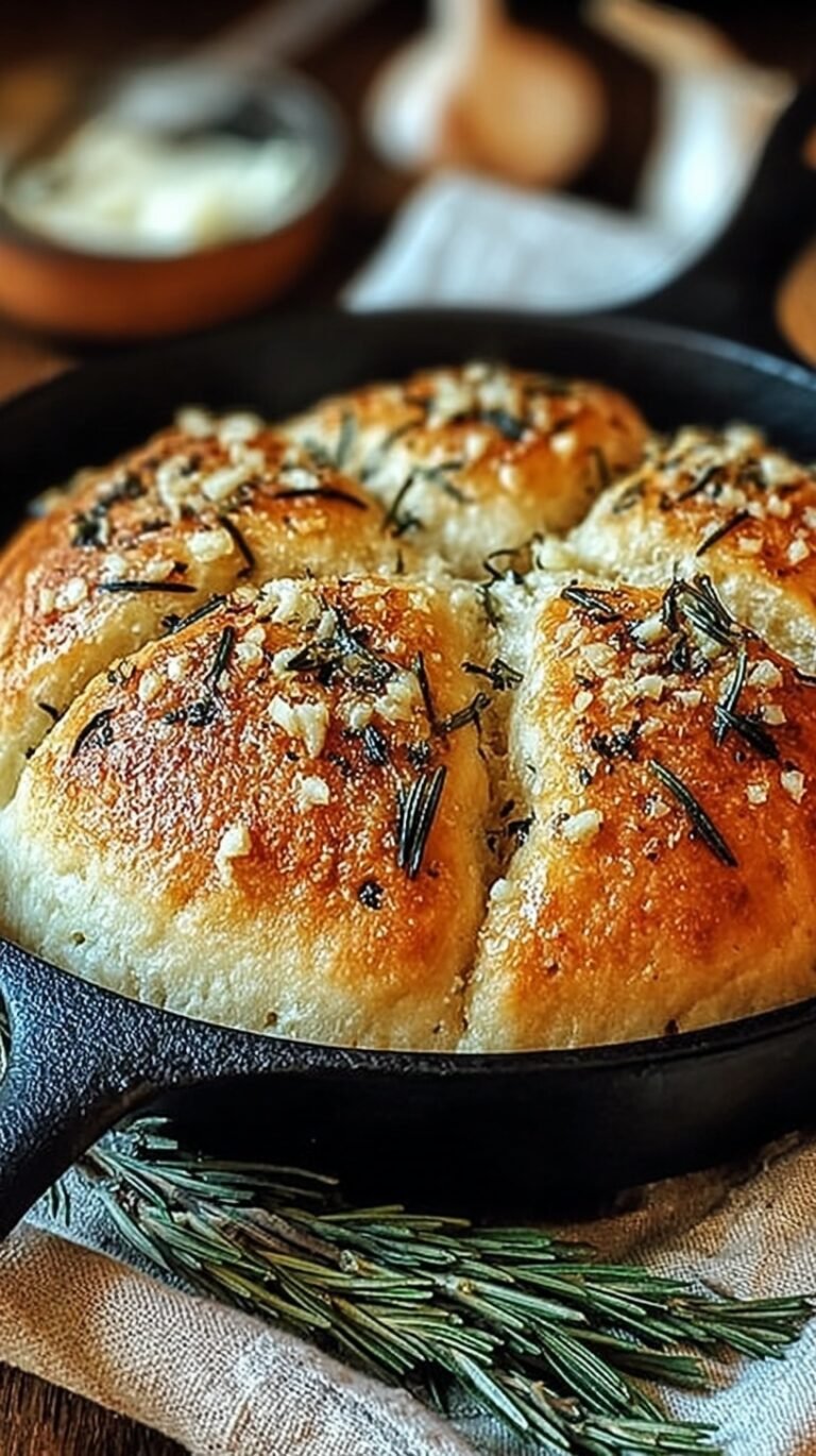 A golden brown rustic skillet bread topped with fresh rosemary and garlic in a cast iron pan.