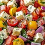 A colorful Italian Chopped Salad with ribbons of lettuce, salami, and provolone on a white platter.