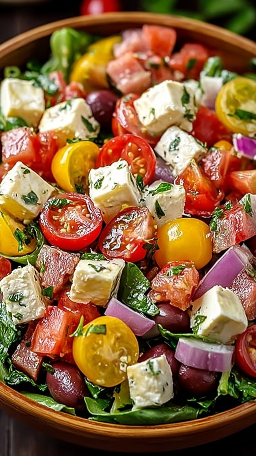 A colorful Italian Chopped Salad with ribbons of lettuce, salami, and provolone on a white platter.