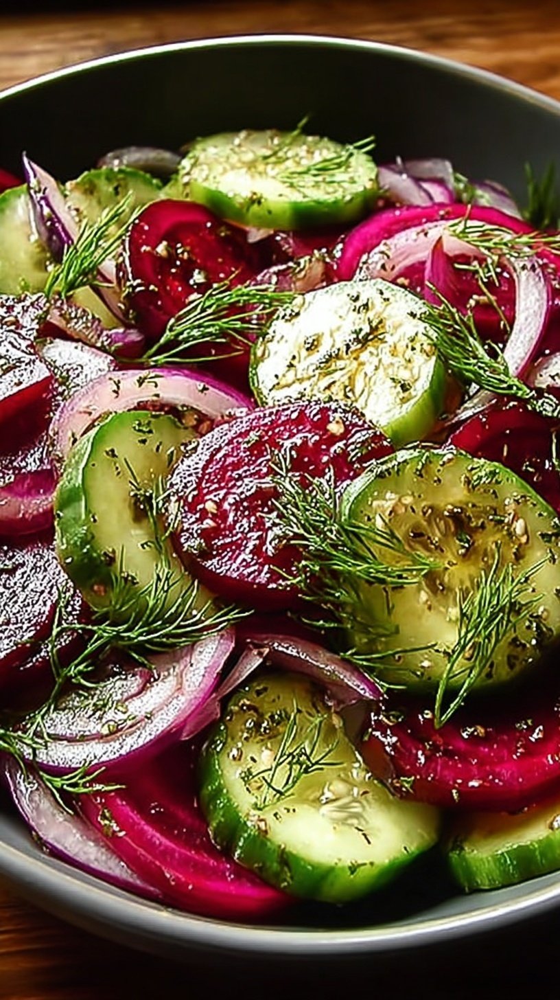 A colorful fresh cucumber and beetroot salad with green herbs in a glass bowl.