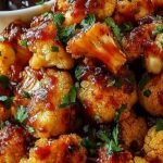 Golden roasted maple sriracha cauliflower florets on a baking sheet with green scallions
