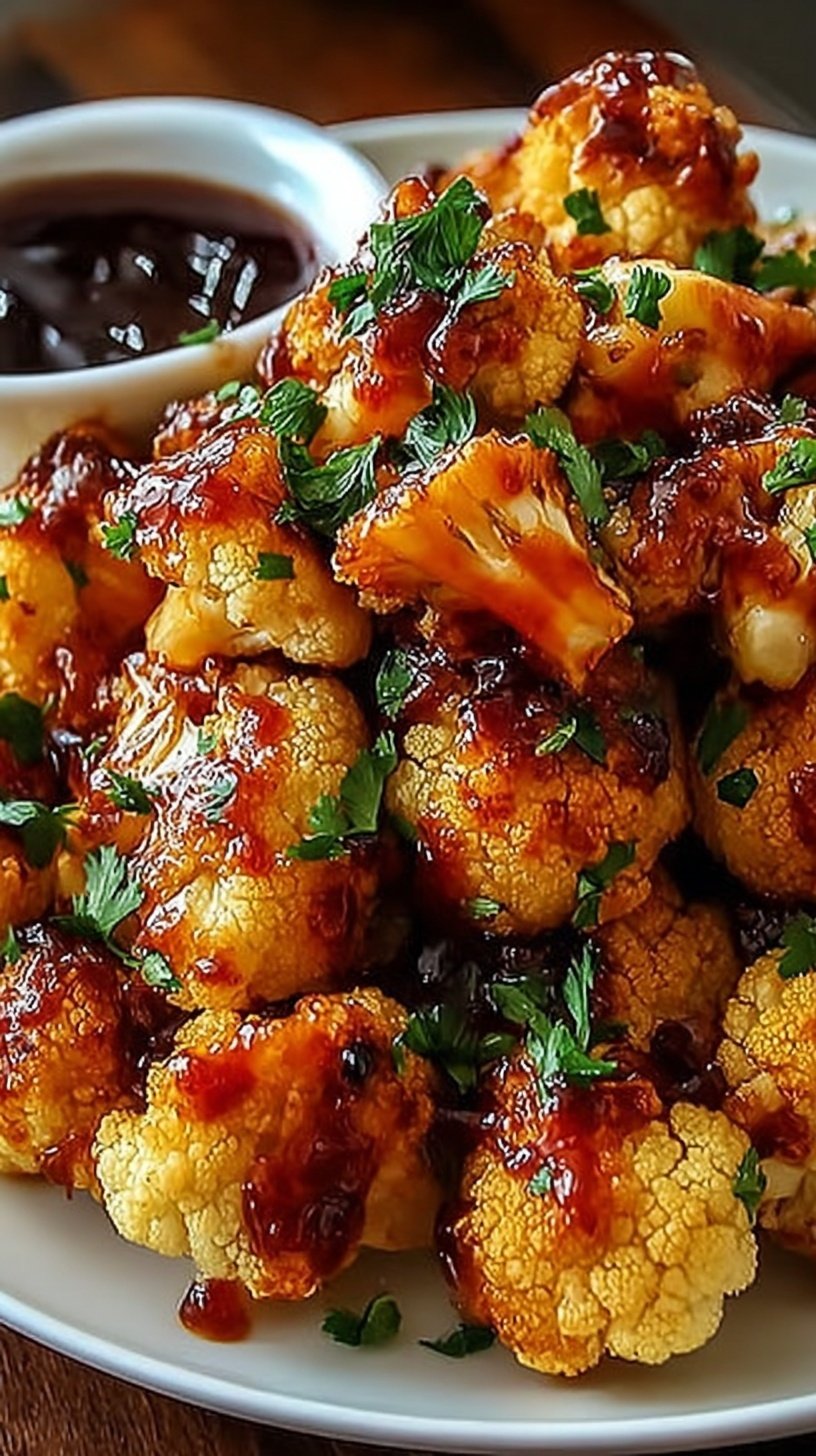 Golden roasted maple sriracha cauliflower florets on a baking sheet with green scallions