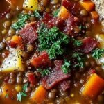 A steaming bowl of lentil soup topped with crispy bacon and fresh herbs.