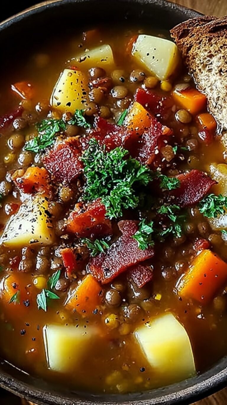 A steaming bowl of lentil soup topped with crispy bacon and fresh herbs.