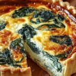 A golden brown ricotta and spinach quiche in a flaky crust